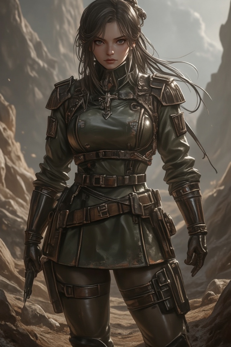 A hyper-realistic depiction of Amiya from Arknights,  in a dynamic mid-shot. She stands confidently in army attire,  exudi...