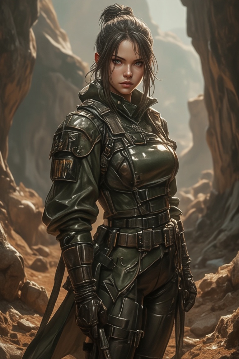 A hyper-realistic depiction of Amiya from Arknights,  in a dynamic mid-shot. She stands confidently in army attire,  exudi...