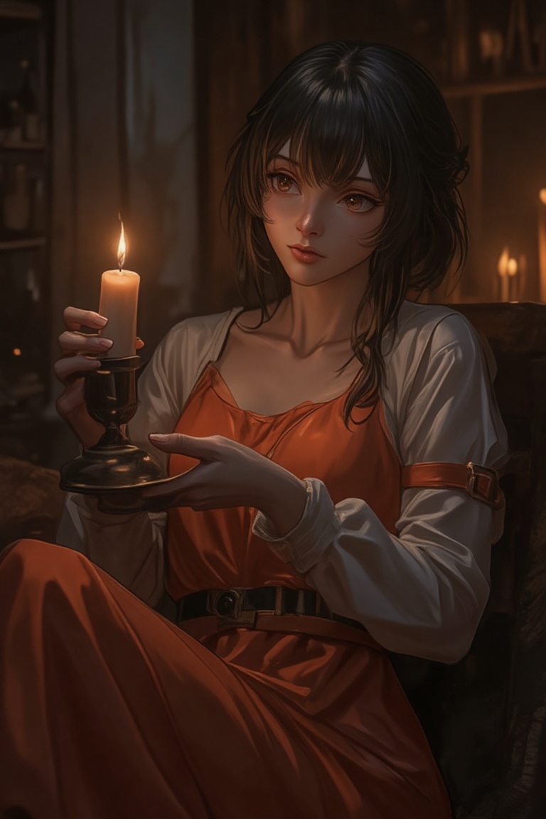 A hyper-realistic depiction of Amiya from Arknights,  in a dynamic mid-shot. She holds a candle in a candle holder,  her e...