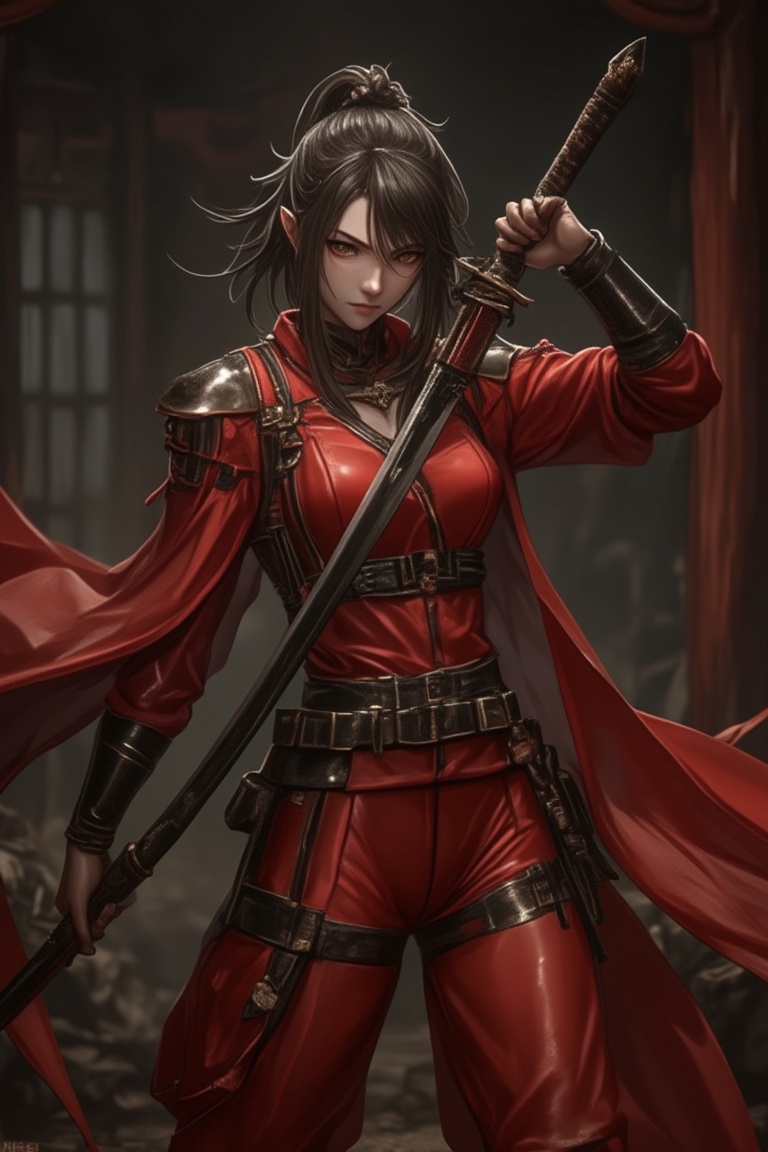 A hyper-realistic depiction of Amiya from Arknights,  in a dynamic mid-shot. She wears a red outfit and holds a katana wit...