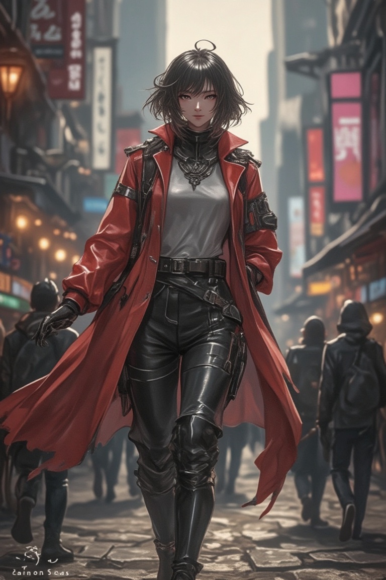 A hyper-realistic depiction of Amiya from Arknights,  in a dynamic mid-shot. She walks confidently through a bustling city...