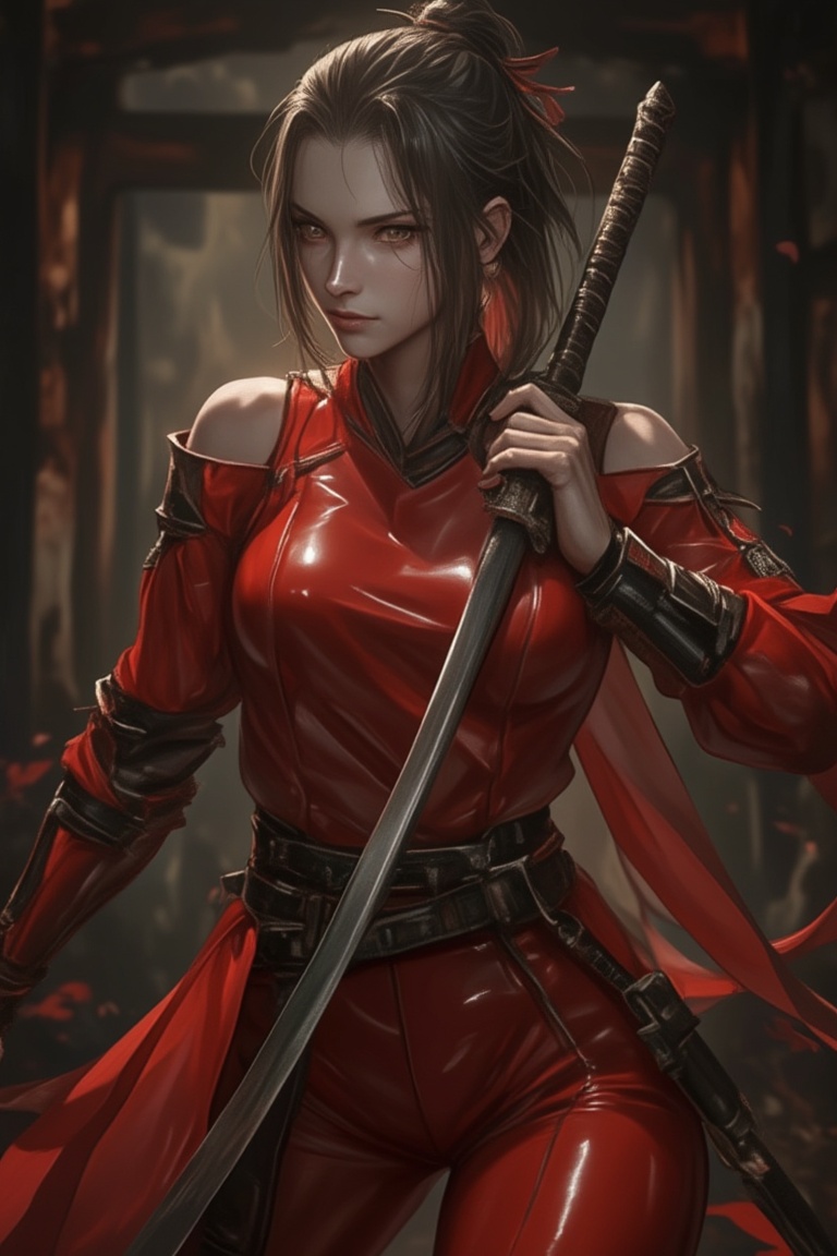 A hyper-realistic depiction of Amiya from Arknights,  in a dynamic mid-shot. She wears a red outfit and holds a katana wit...