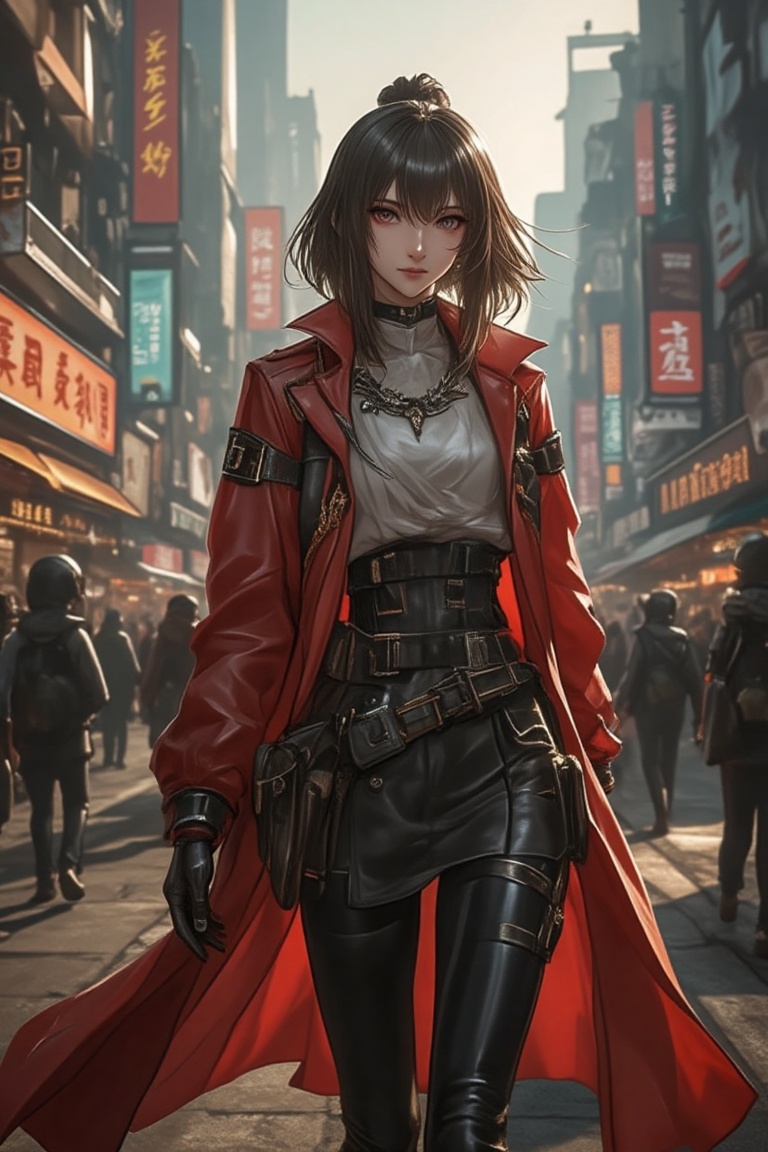 A hyper-realistic depiction of Amiya from Arknights,  in a dynamic mid-shot. She walks confidently through a bustling city...