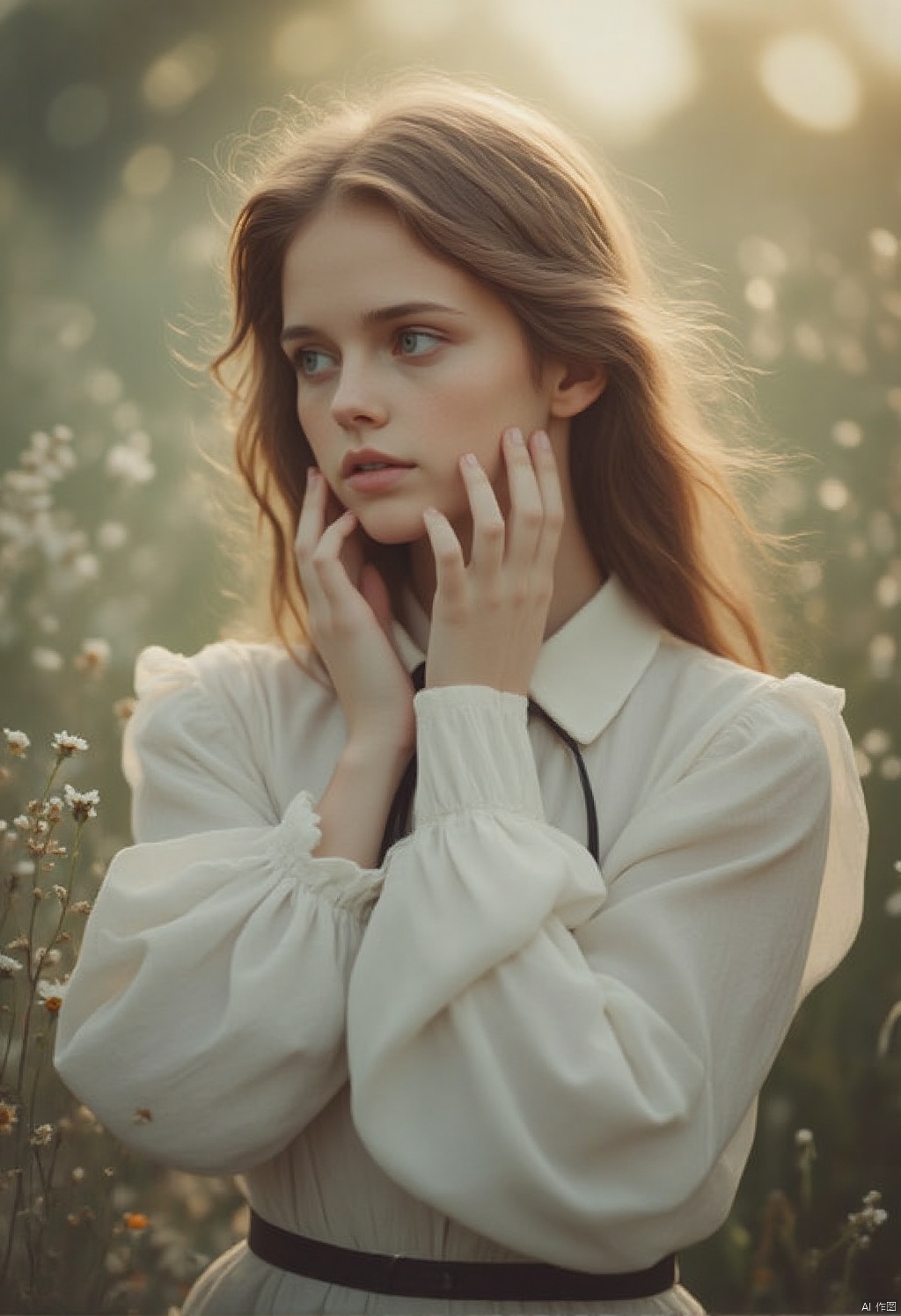 Dreamy texture,a beautiful young woman with long brown hair stands in a field of wildflowers. She is dressed in a white blouse with a black belt tied around her waist. Her hands are held up to her face