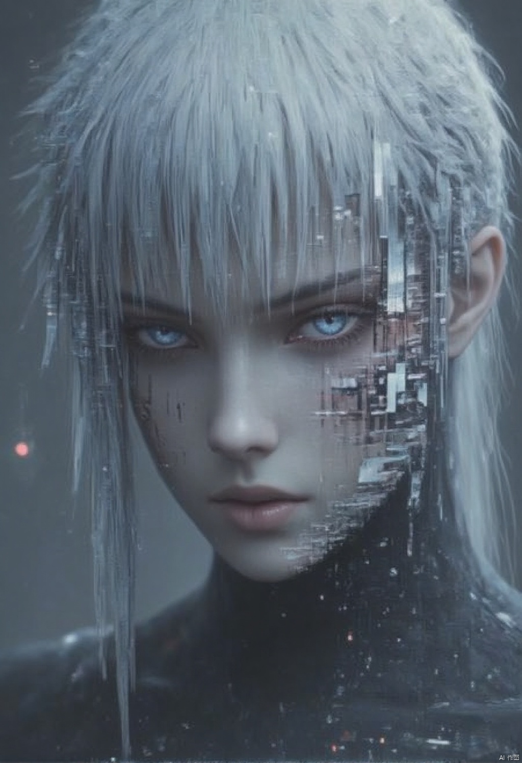 ault style,An eye-level shot of a woman's face is captured in a close-up shot. The woman's eyes are a piercing blue,and her hair is a mix of white and gray. Her hair is cascading over her shoulders