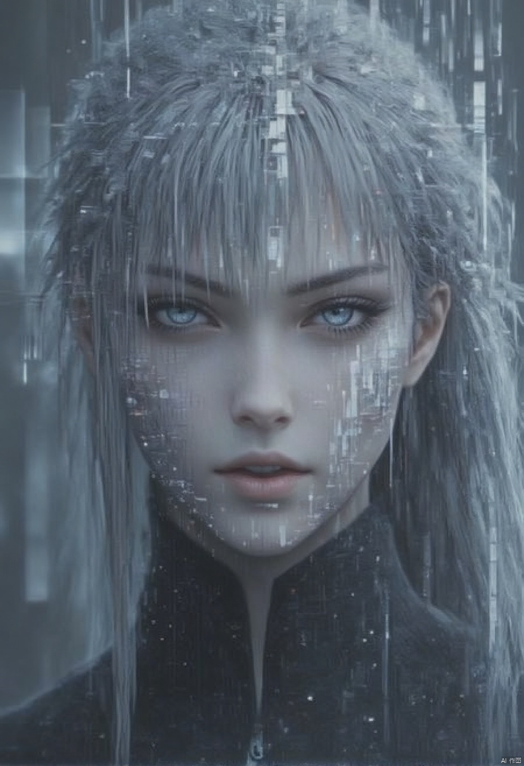 ault style,An eye-level shot of a woman's face is captured in a close-up shot. The woman's eyes are a piercing blue,and her hair is a mix of white and gray. Her hair is cascading over her shoulders
