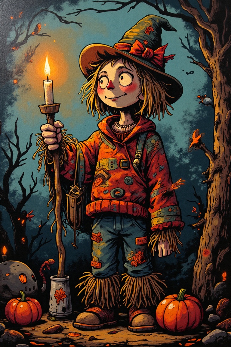 Masterpiece,  graffiti artwork,  halloween theme about a scarecrow and candle on Tensor.Art