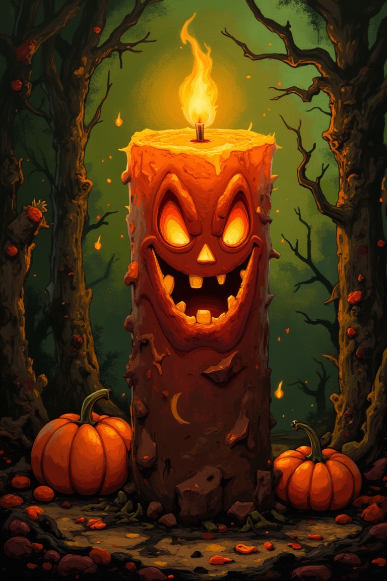 A giant candle with a Halloween pumpkin body,  in a spooky Halloween setting with complementary maroon and olive green col...