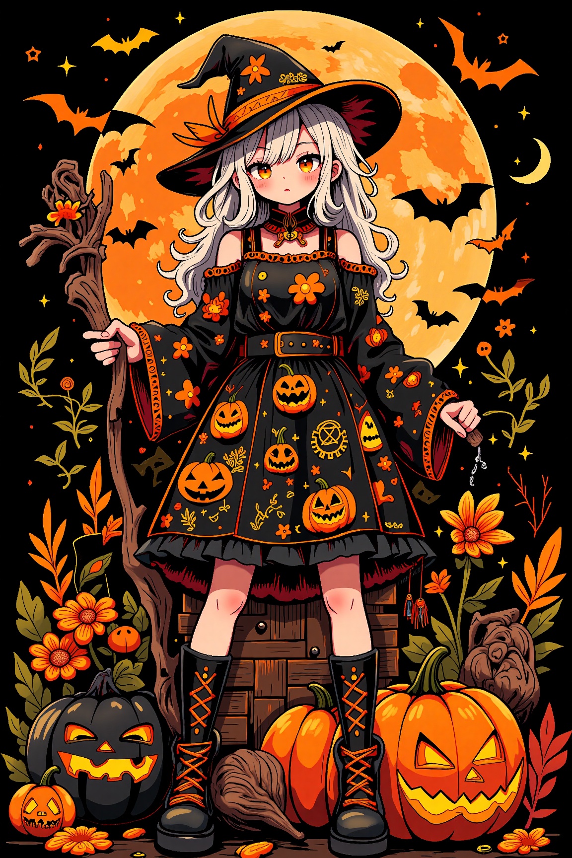 vector art,  Girl whitcher ,  dress {black and orange} on Tensor.Art