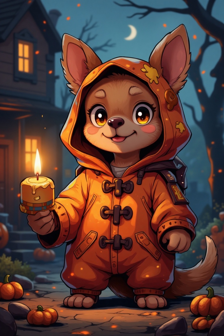 (cute dog wearing candle costume),  (haunted house background),  (cute) on Tensor.Art