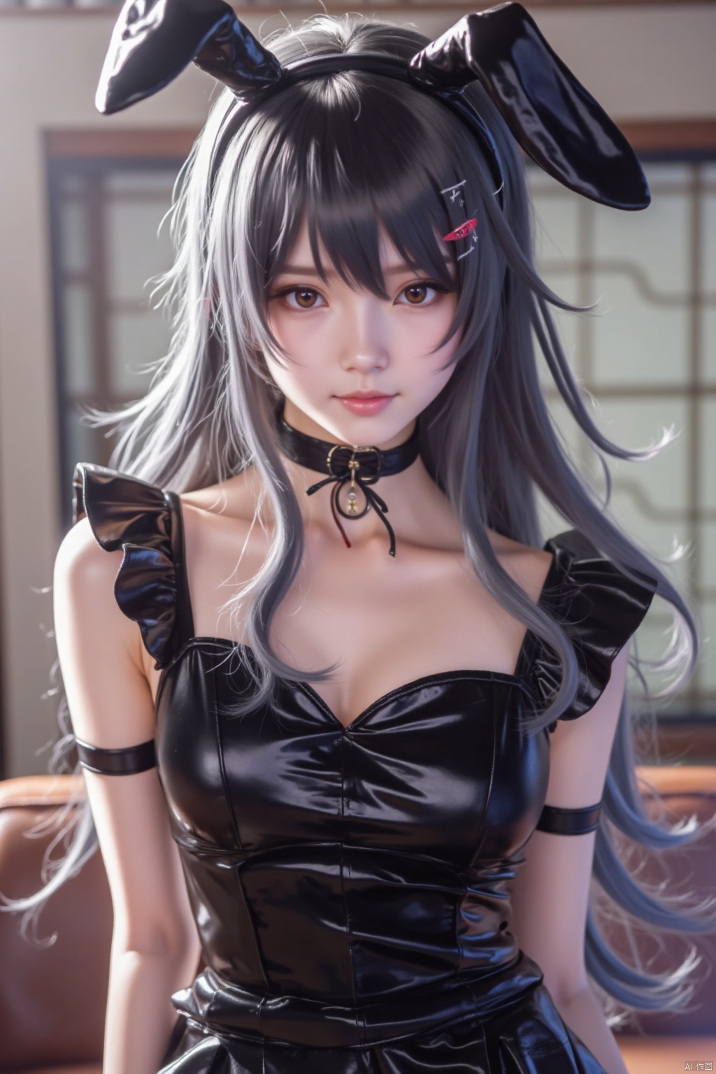 1girl, solo, long hair, breasts, looking at viewer, black hair, dress, animal ears, sakurajima mai
