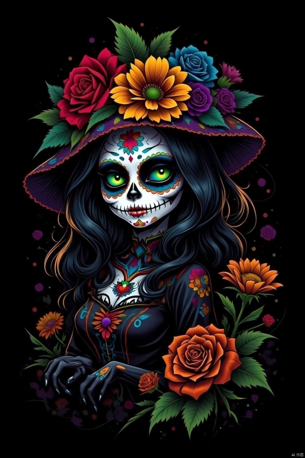 solo, looking at viewer, green eyes, flower, teeth, no humans, rose, animal,spider, black background, red flower, blue flower, yellow flower, purple flower, colorful, orange flower