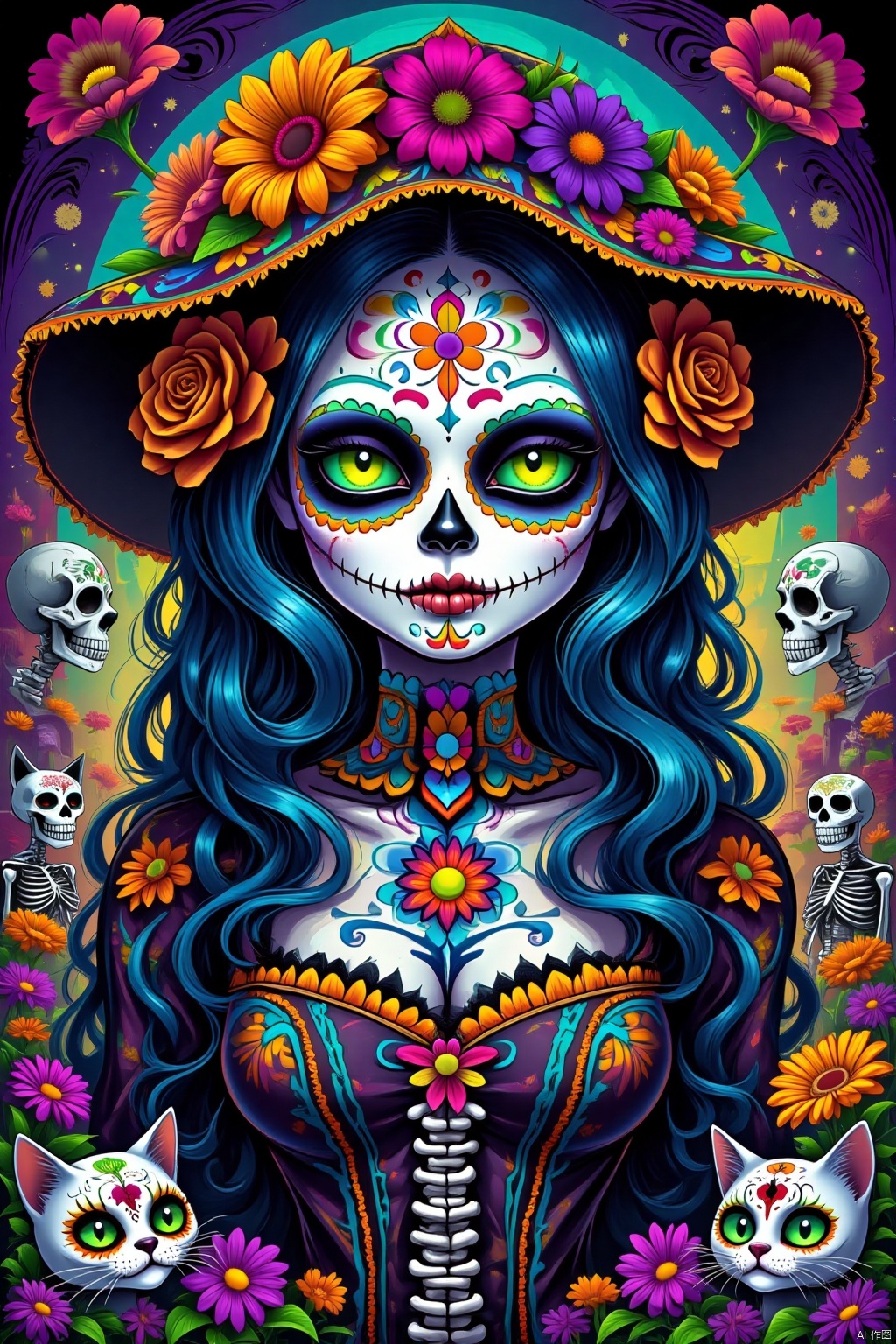 1girl, solo, long hair, breasts, looking at viewer, hat, green eyes, blue hair, upper body, flower, hair flower, cat, colored sclera, skull, hat flower, skeleton, colorful