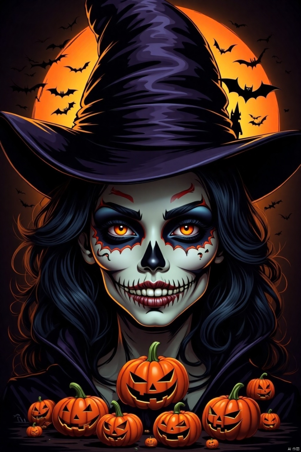 1girl, solo, long hair, looking at viewer, black hair, hat, jewelry, earrings, teeth, orange eyes, makeup, witch hat, colored skin, moon, full moon, halloween, jack-o'-lantern, witch, pumpkin, bat \(animal\)