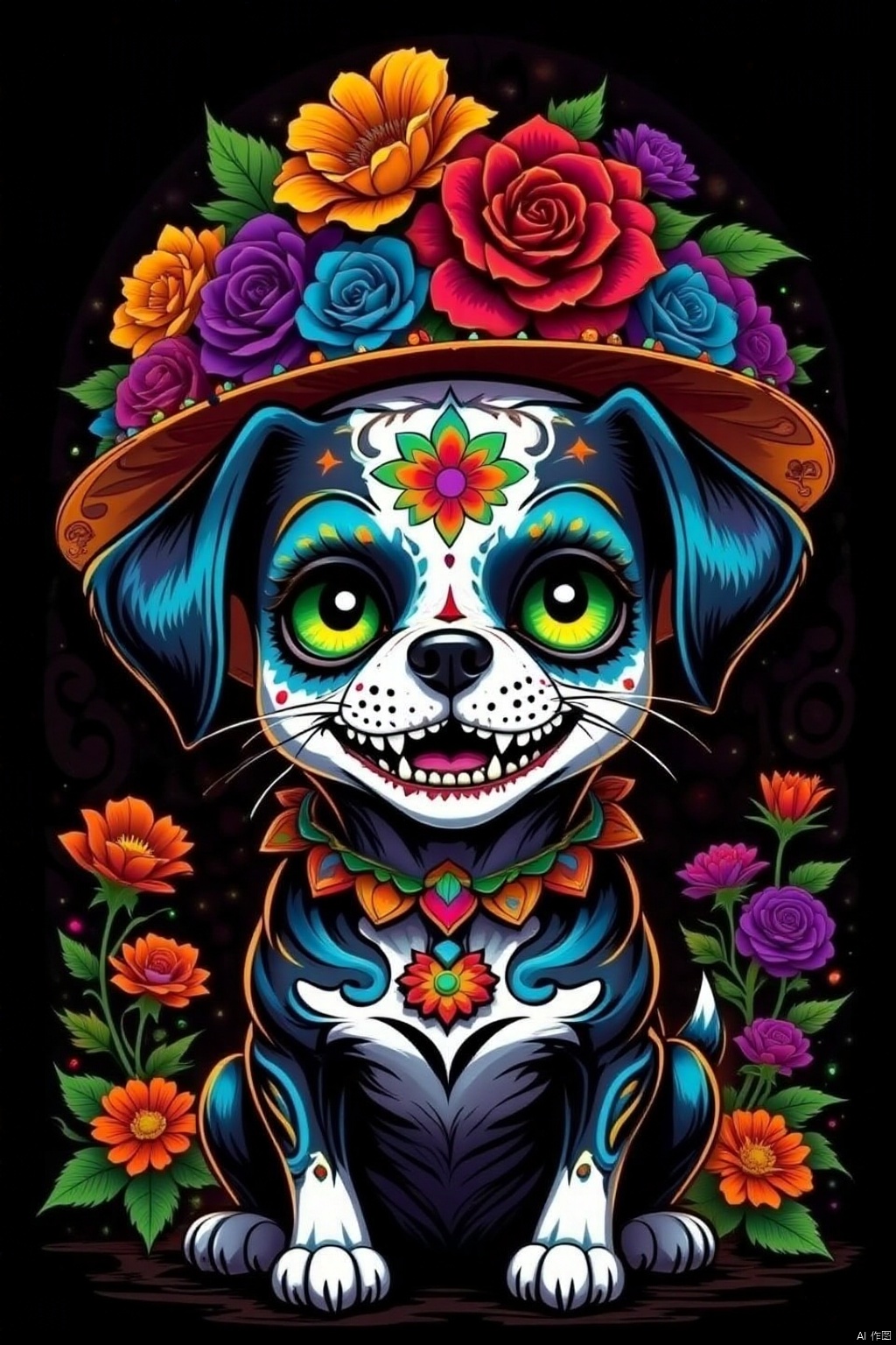 solo, looking at viewer, green eyes, flower, teeth, no humans, rose, animal, dog, black background, red flower, blue flower, yellow flower, purple flower, colorful, orange flower