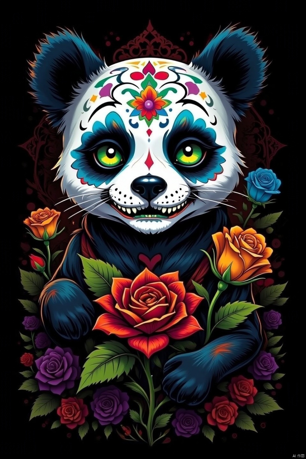 solo, looking at viewer, green eyes, flower, teeth, no humans, rose, animal, panda, black background, red flower, blue flower, yellow flower, purple flower, colorful, orange flower