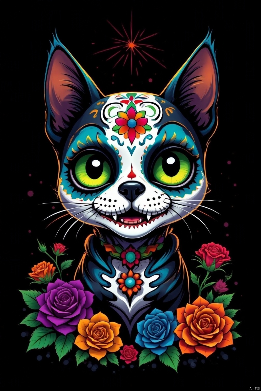 solo, looking at viewer, green eyes, flower, teeth, no humans, rose, animal, cat, black background, red flower, blue flower, yellow flower, purple flower, colorful, orange flower