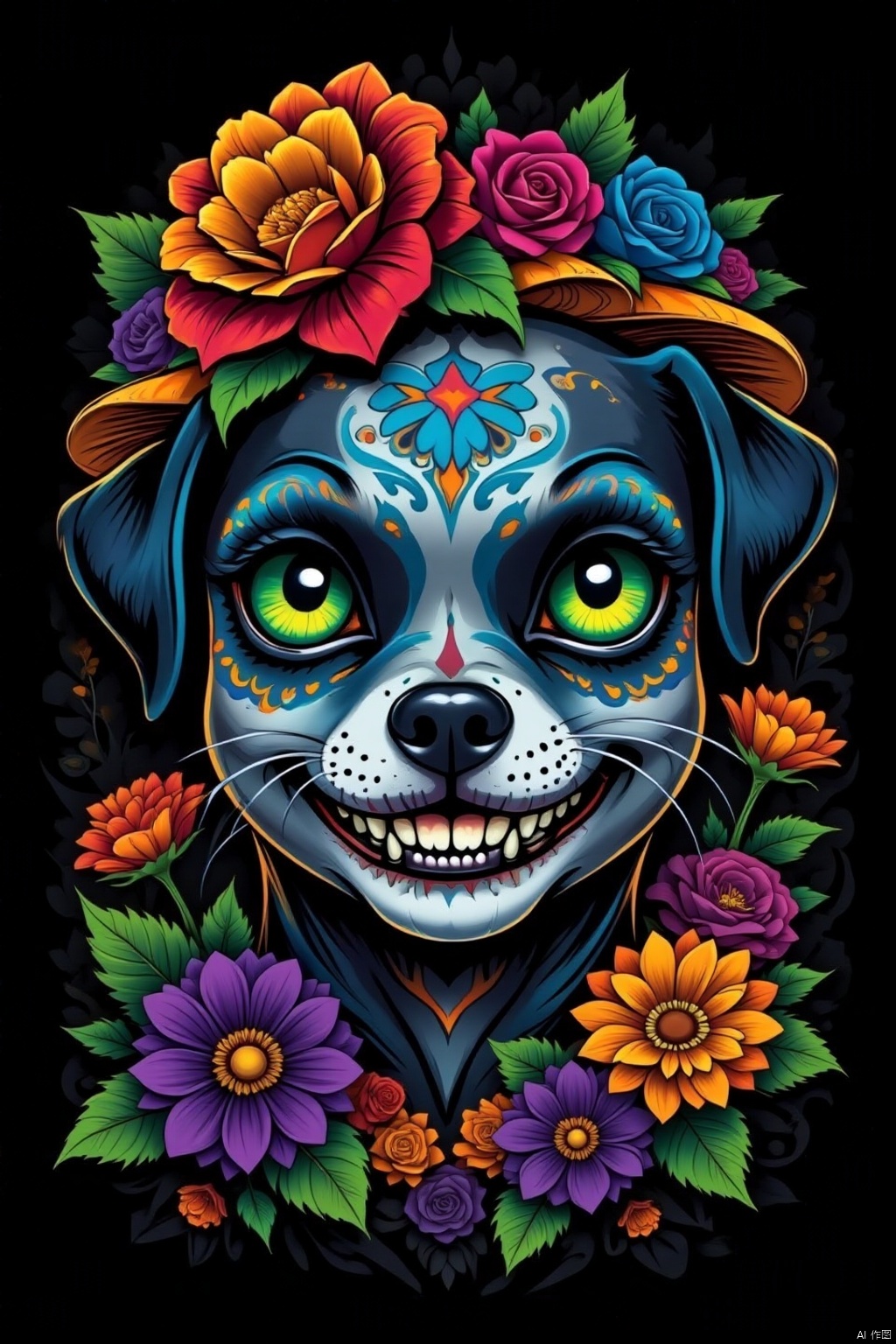 solo, looking at viewer, green eyes, flower, teeth, no humans, rose, animal,dolphin, black background, red flower, blue flower, yellow flower, purple flower, colorful, orange flower