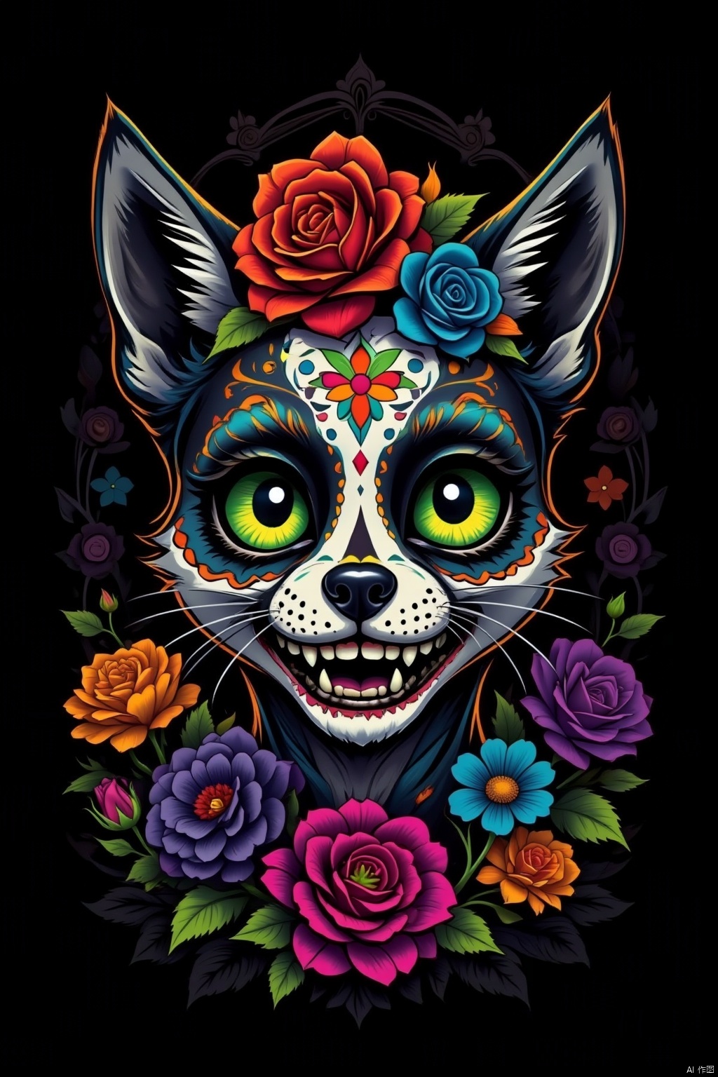 solo, looking at viewer, green eyes, flower, teeth, no humans, rose, animal, fox, black background, red flower, blue flower, yellow flower, purple flower, colorful, orange flower