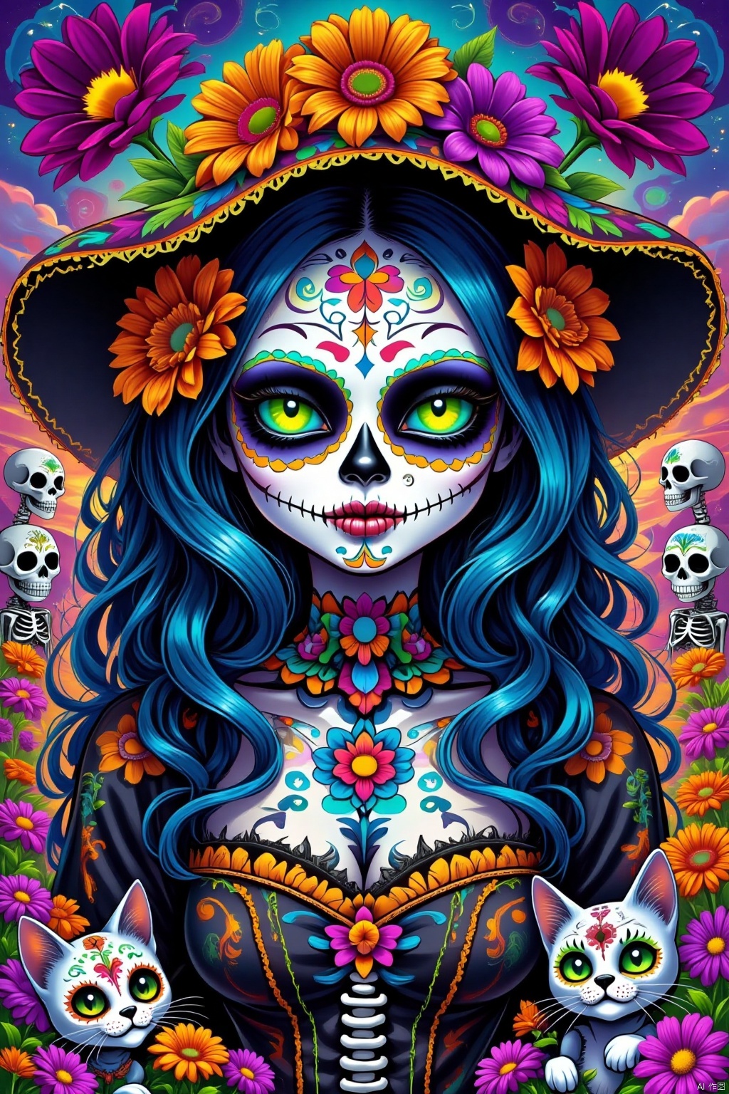 1girl, solo, long hair, breasts, looking at viewer, hat, green eyes, blue hair, upper body, flower, hair flower, cat, colored sclera, skull, hat flower, skeleton, colorful