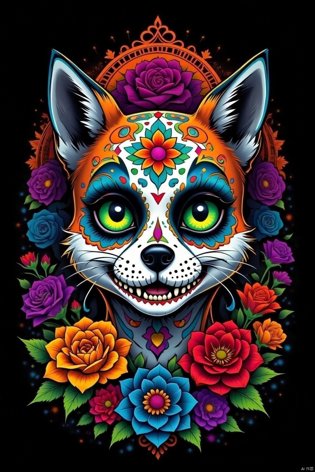 solo, looking at viewer, green eyes, flower, teeth, no humans, rose, animal, fox, black background, red flower, blue flower, yellow flower, purple flower, colorful, orange flower