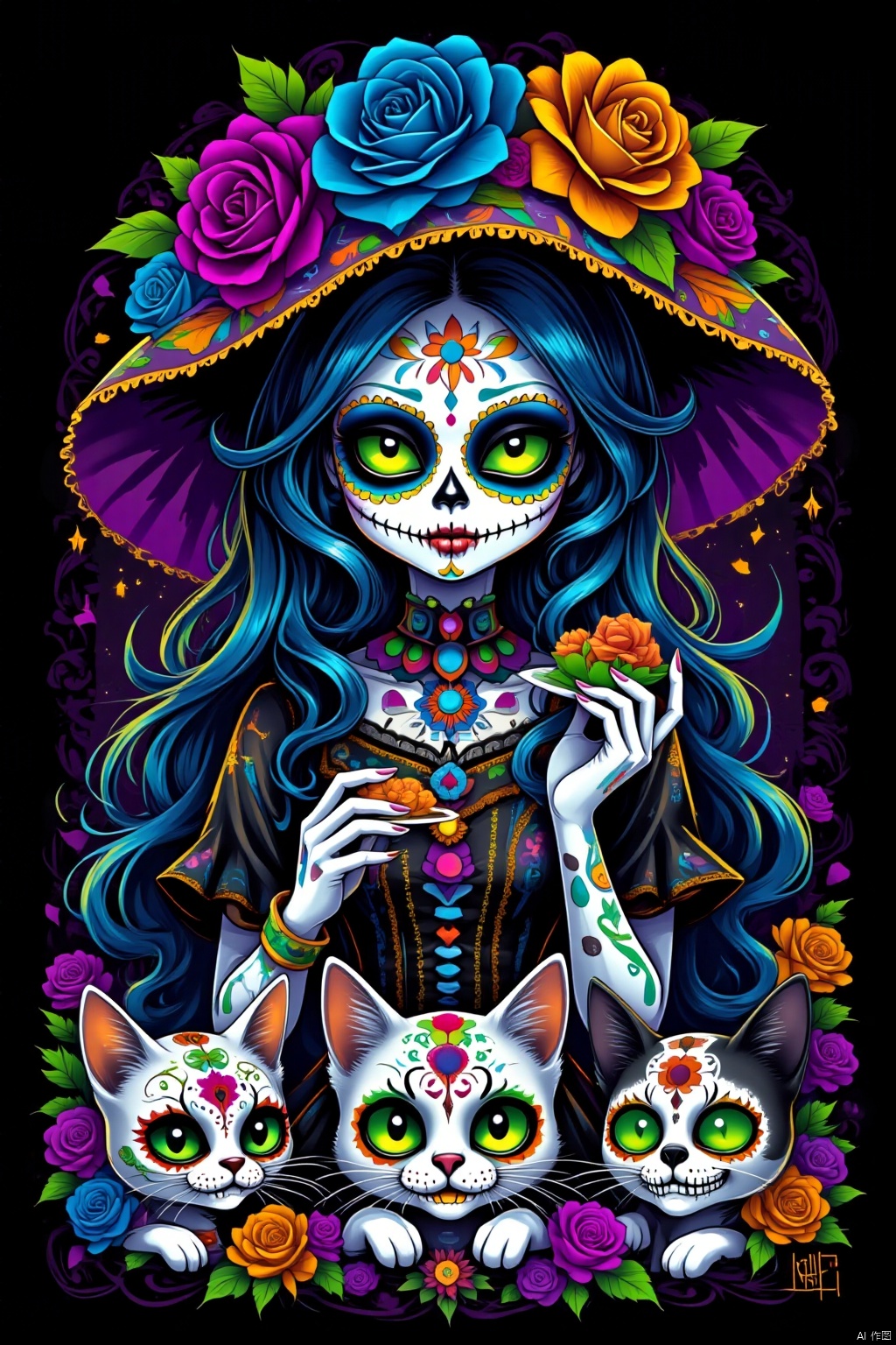 1girl, solo, long hair, looking at viewer, smile, hat, dress, holding, jewelry, green eyes, blue hair, upper body, flower, short sleeves, multicolored hair, teeth, artist name, necklace, black dress, makeup, witch hat, rose, colored skin, watermark, cat, black background, colored sclera, blue flower, skull, yellow flower, purple flower, hat flower, blue rose, skeleton, yellow sclera, purple rose, orange flower, green flower