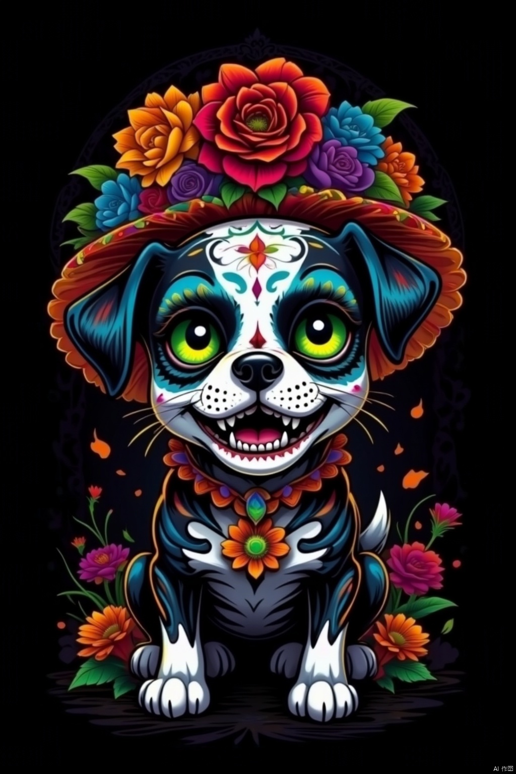 solo, looking at viewer, green eyes, flower, teeth, no humans, rose, animal, dog, black background, red flower, blue flower, yellow flower, purple flower, colorful, orange flower