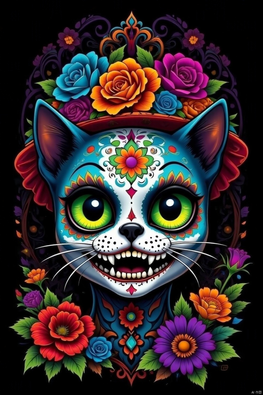 solo, looking at viewer, green eyes, flower, teeth, no humans, rose, animal, cat, black background, red flower, blue flower, yellow flower, purple flower, colorful, orange flower