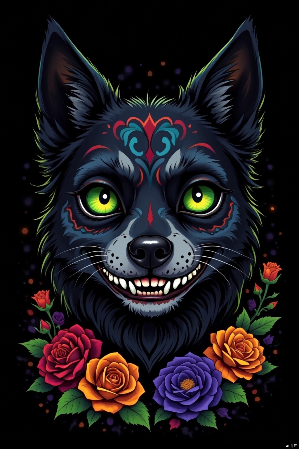 solo, looking at viewer, green eyes, flower, teeth, no humans, rose, animal, werewolf, black background, red flower, blue flower, yellow flower, purple flower, colorful, orange flower