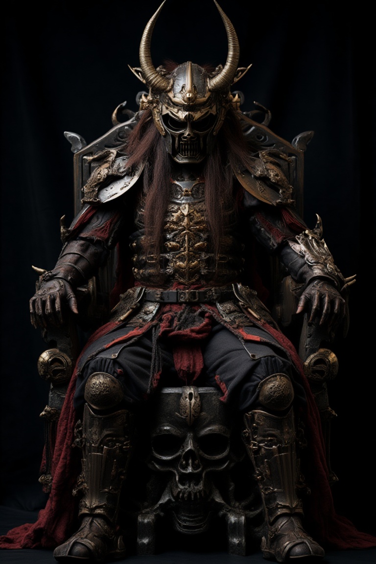 samurai, solo, armor, black background, helmet, shoulder armor, looking at viewer, full body, skull, simple background, pauldrons, full armor, sitting on Skull Chair