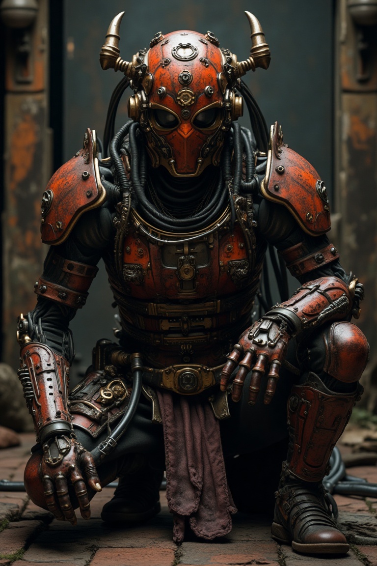 samurai, cable, solo, tube, science fiction, steampunk, helmet, robot, no humans, indoors, ruins, full body, machinery, machine, wire, hand on floor, squatting