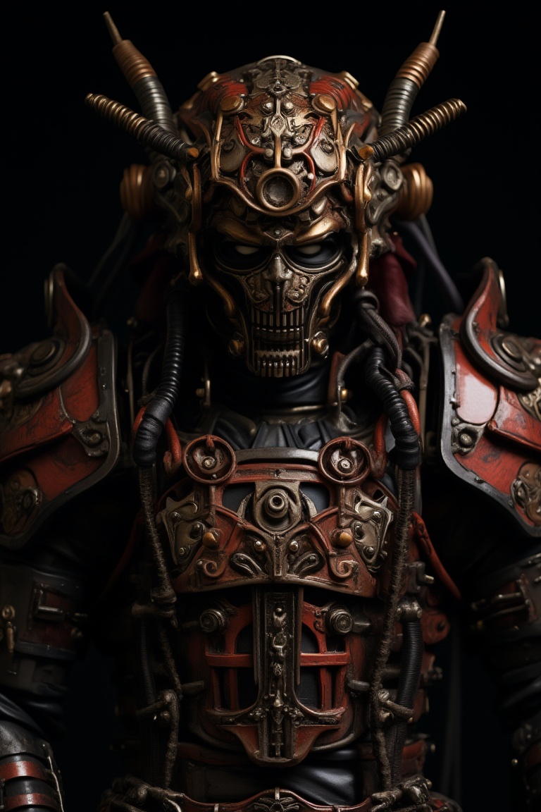 samurai, cable, black background, solo, tube, science fiction, steampunk, helmet, robot, no humans, simple background, upper body, machinery, 1boy, machine, wire, lying on Maintenance Machines, 