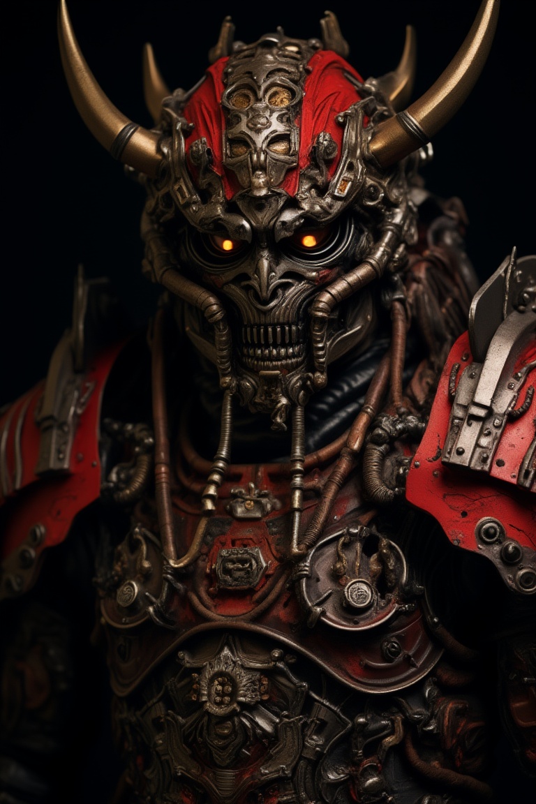samurai, solo, armor, black background, tube, helmet, cable, mask, looking at viewer, horns, kabuto (helmet), japanese armor, 1boy, upper body, glowing, robot, glowing eyes, male focus, science fiction, shoulder armor