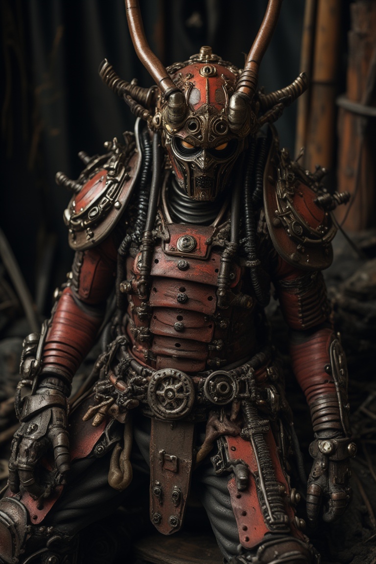 samurai, cable, solo, tube, science fiction, steampunk, helmet, robot, no humans, indoors, ruins, full body, machinery, machine, wire, lying on Maintenance Machines, 