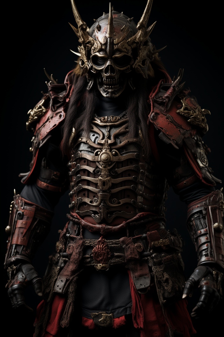samurai, solo, armor, black background, helmet, shoulder armor, looking at viewer, full body, skull, simple background, pauldrons, full armor