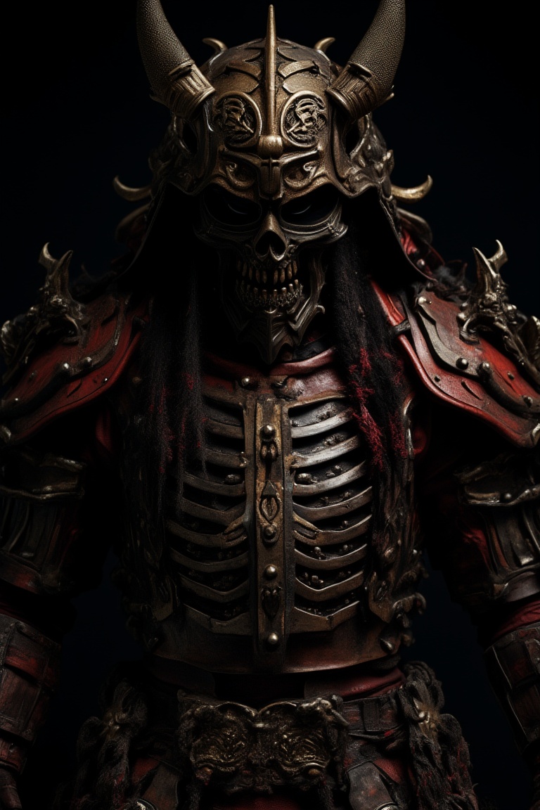 samurai, solo, armor, black background, helmet, shoulder armor, looking at viewer, full body, skull, simple background, pauldrons, full armor