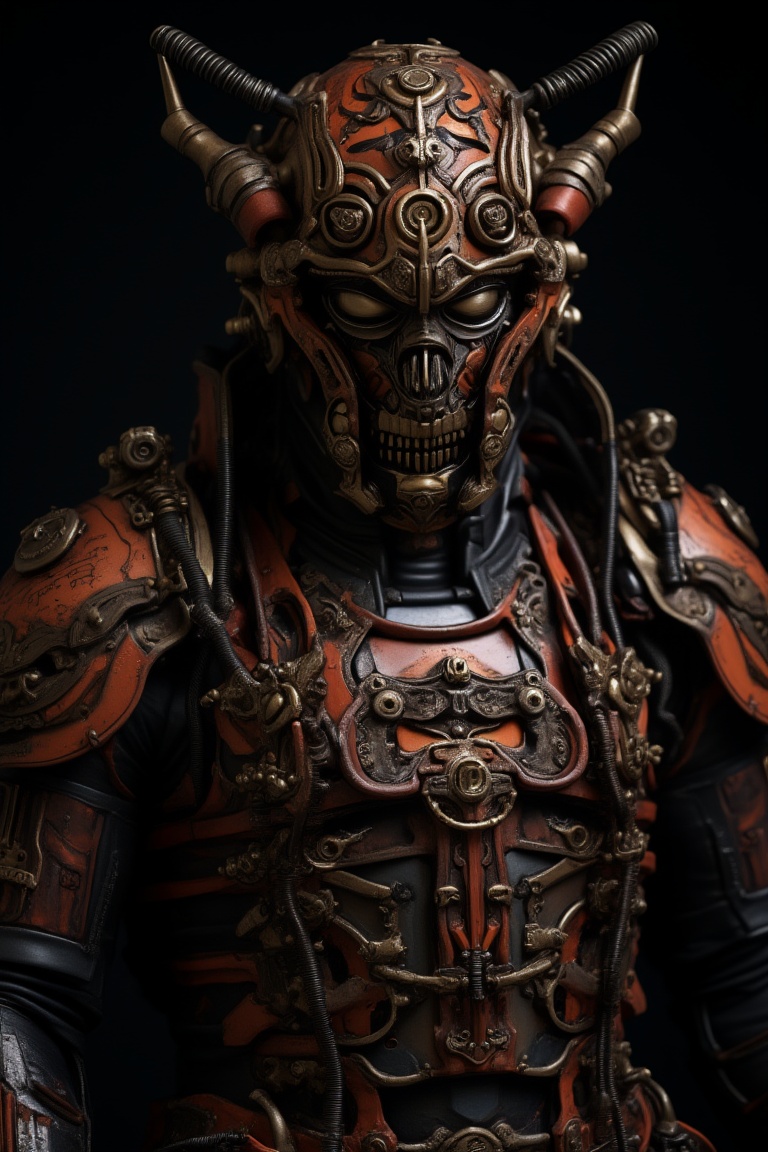 samurai, cable, black background, solo, tube, science fiction, steampunk, helmet, robot, no humans, simple background, upper body, machinery, 1boy, machine, wire, lying on Maintenance Machines, 