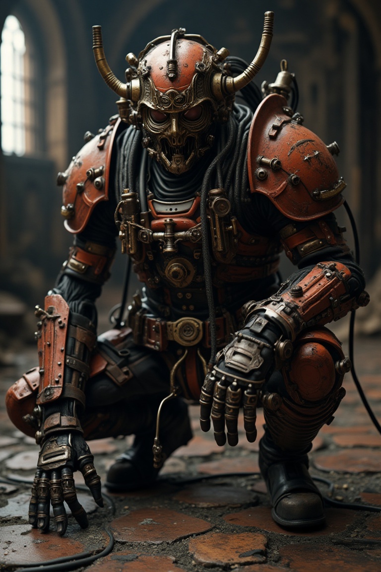 samurai, cable, solo, tube, science fiction, steampunk, helmet, robot, no humans, indoors, ruins, full body, machinery, machine, wire, hand on floor, squatting