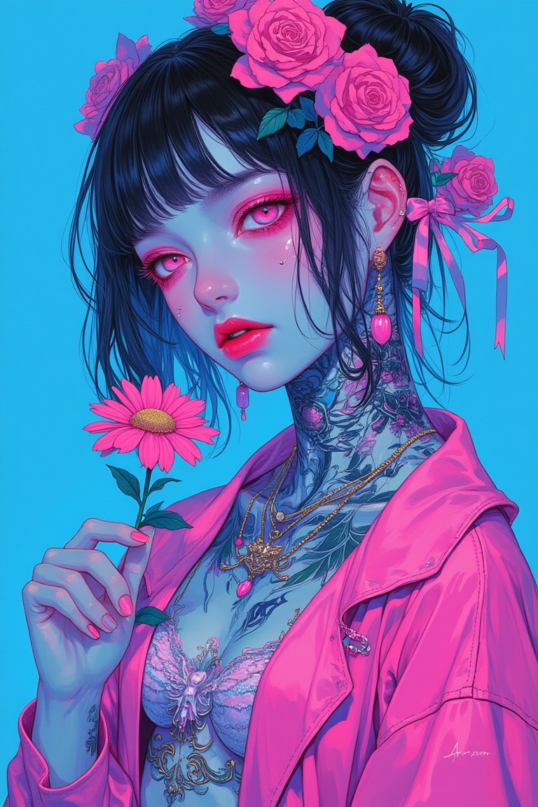 a woman with tattoos and a flower in her hair,  wearing a pink outfit and holding a flower in her hand,  Artgerm on Tensor...