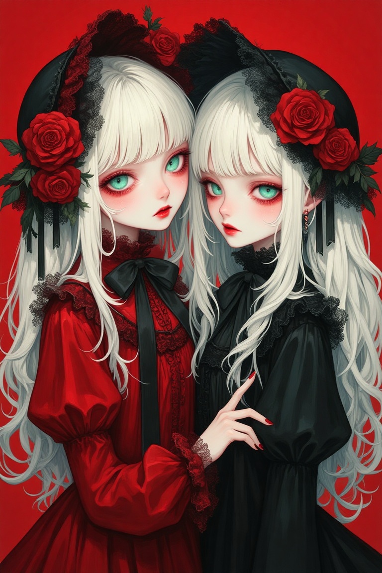 two women with white hair and red roses on their heads,  one of them is hugging the other's head,  a detailed painting on...