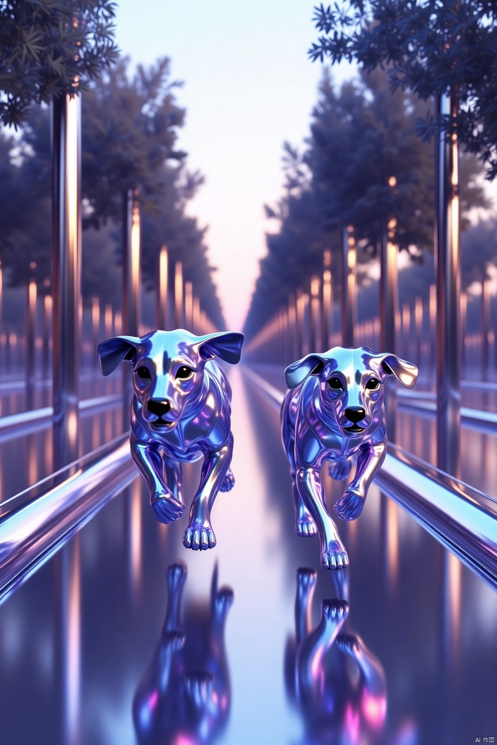 OBchong,Futuristic,metallic,
Minimalist, metallic, iridescent dogs, with sleek, futuristic fur patterns, running through a futuristic, metallic park, their fur reflecting the light of the glowing trees.