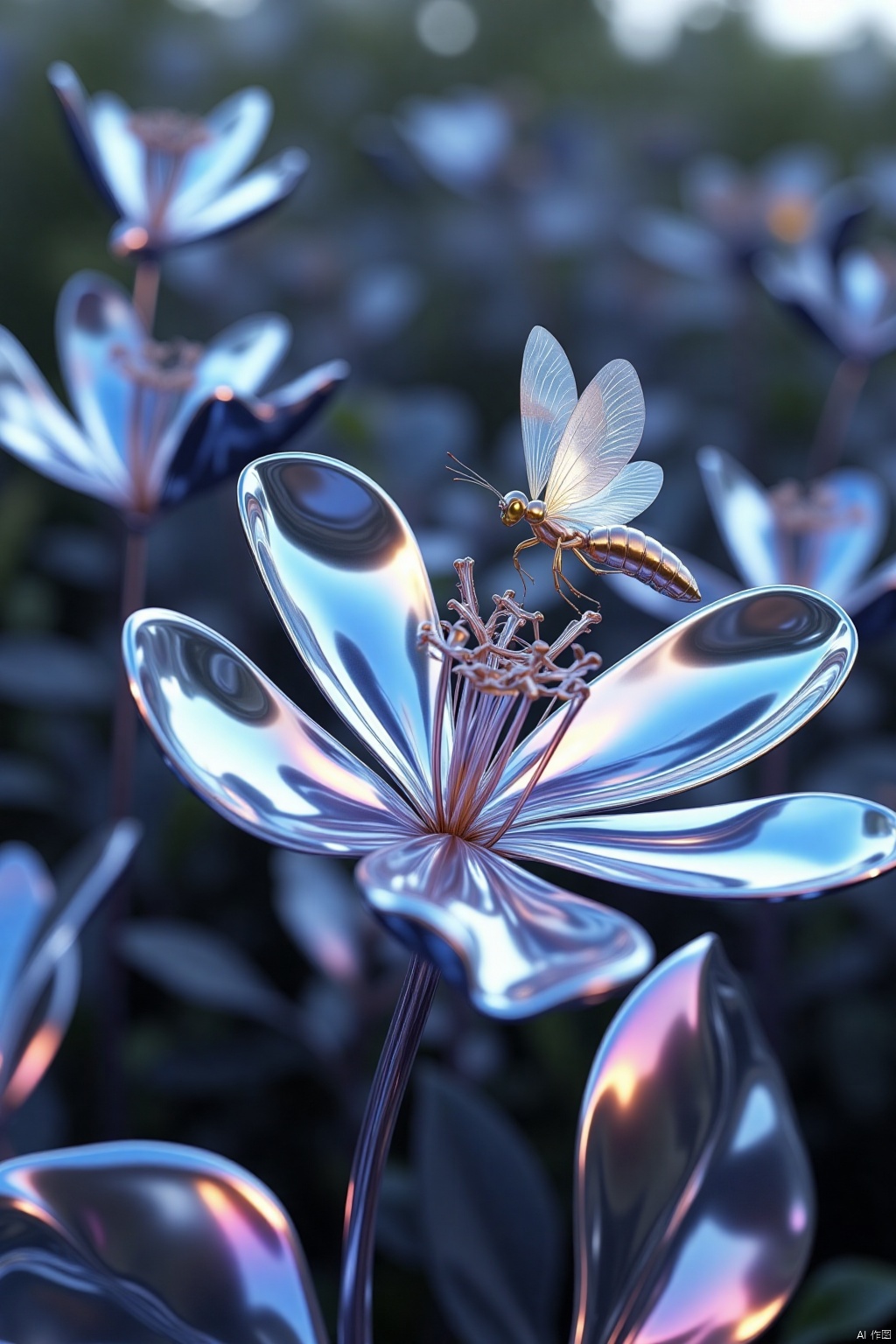 OBchong,Futuristic,metallic,
Sleek, metallic, iridescent insects, with minimalist designs, flitting around a futuristic, metallic flower, in a futuristic, metallic garden.