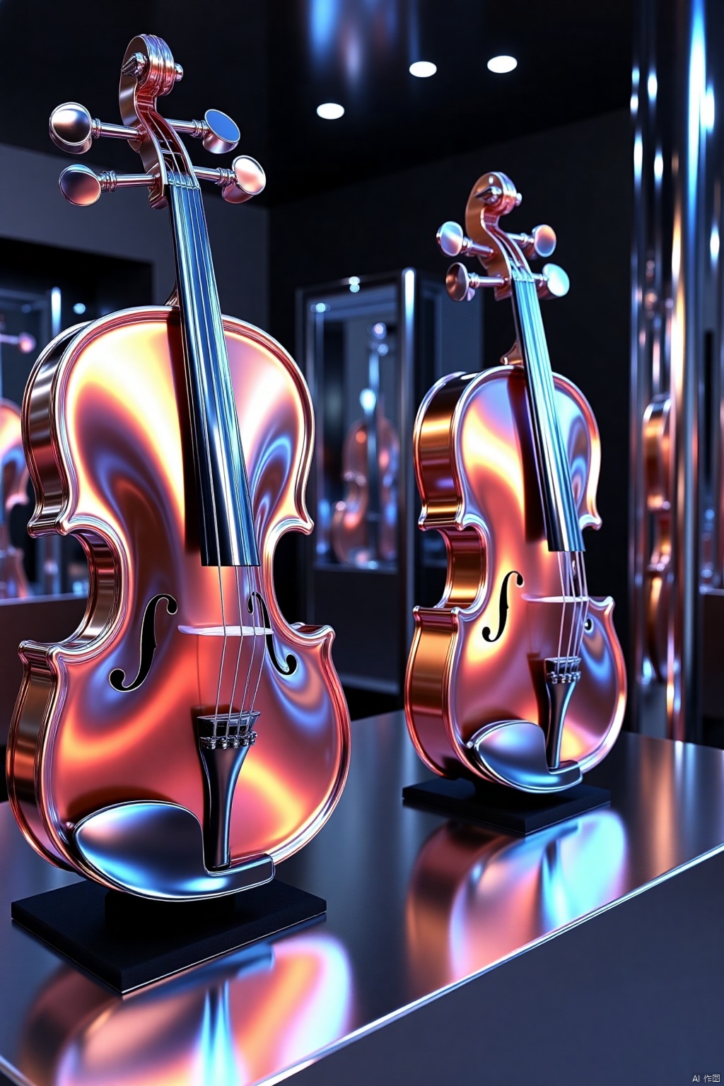 OBchong,Futuristic,metallic,
Minimalist, metallic, iridescent violins, with glowing strings and intricate, metallic carvings, displayed in a sleek, modern, metallic music shop.