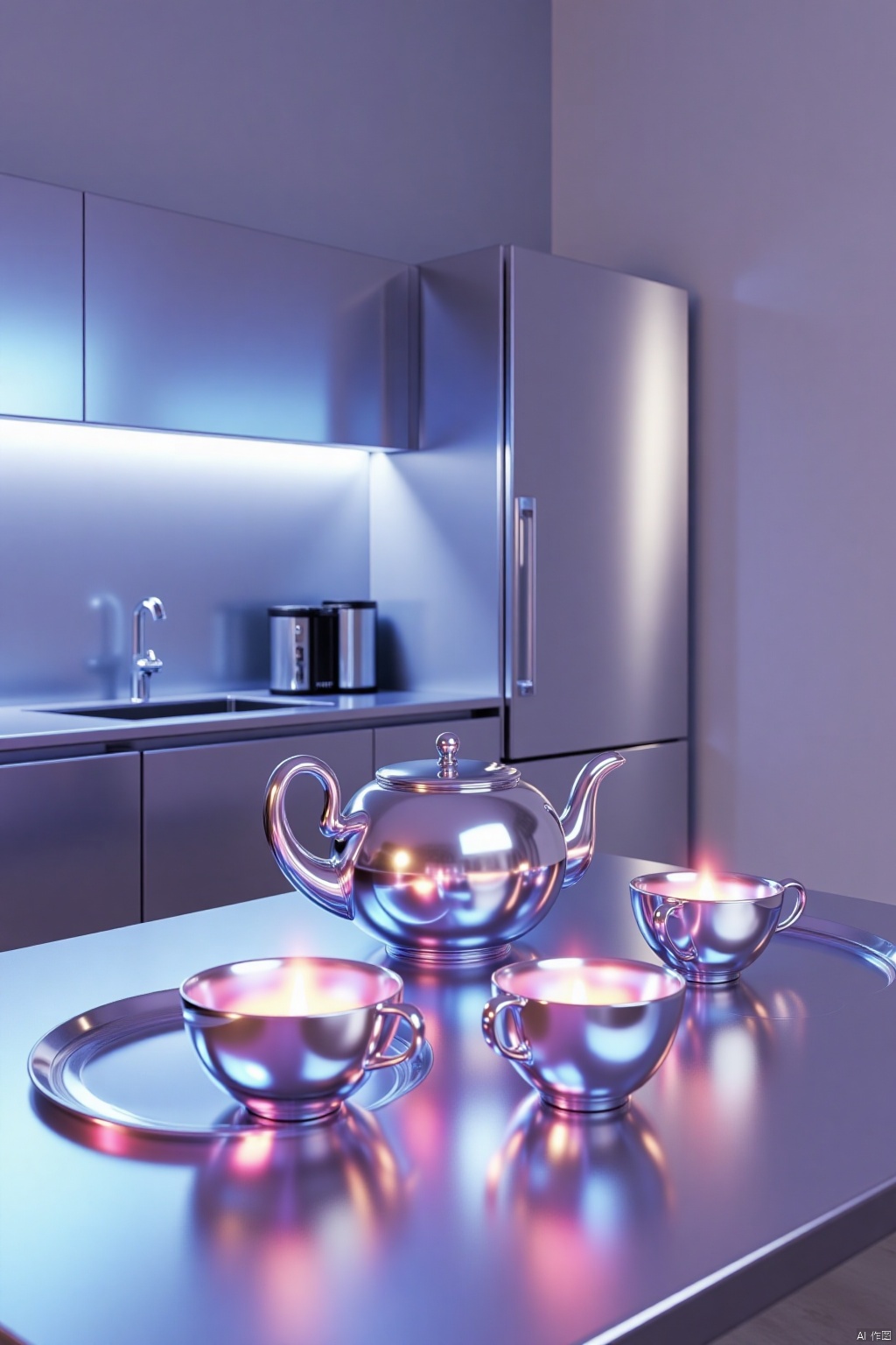 OBchong,Futuristic,metallic,
Minimalist, metallic, iridescent tea set, with a glowing, iridescent teapot and cups, sitting on a sleek, modern, metallic table in a futuristic, minimalist kitchen.