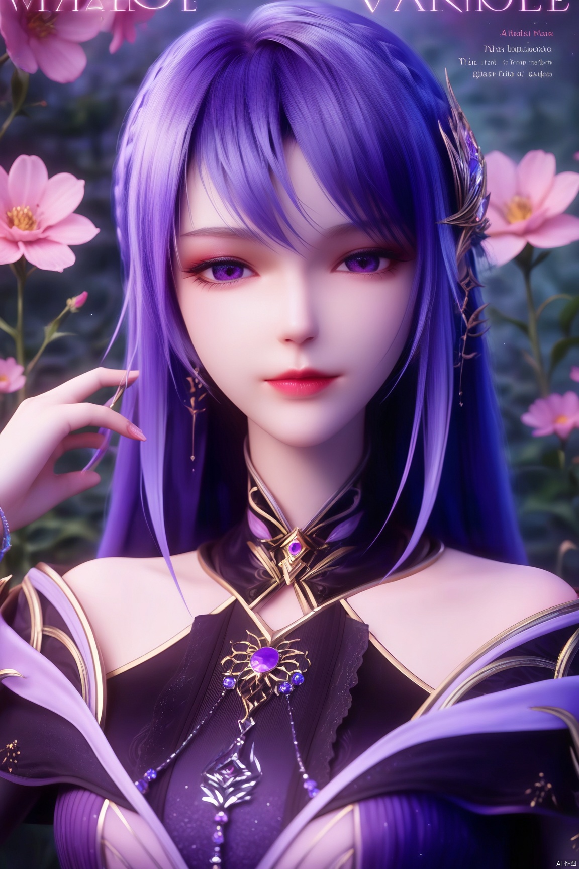score_9,score_8_up,score_7_up,source_anime,Close-up details,realistic style photo young woman,solo, 
1girl, solo, long hair, bangs, hair ornament, dress, bare shoulders, jewelry, closed mouth, purple eyes, upper body, purple hair, braid, earrings, blurry, lips,
Use soft lighting to cast gentle shadows on the subject,adding a touch of dimension to your images without compromising details,ear_ornament,forehead_jewel,hair_ornament,eyelashes,makeup,red lipstick,pale skin,makeup,flowers background,white_background,whirls of vapor,iridescent textures,(Anime:1.1),soft neon light,ethereal ambiance,delicate details,magical atmosphere,concept art,highly detailed,ultra-high resolution,32K UHD,sharp focus,best-quality,masterpiece,golden hour,unconventional supreme masterpiece,masterful details,temperate atmosphere,with a high-end texture,in the style of fashion photography,magazine cover,Dynamic Angle,Dynamic posture,magazine cover,Dynamic Angle,Dynamic posture,indoor,
