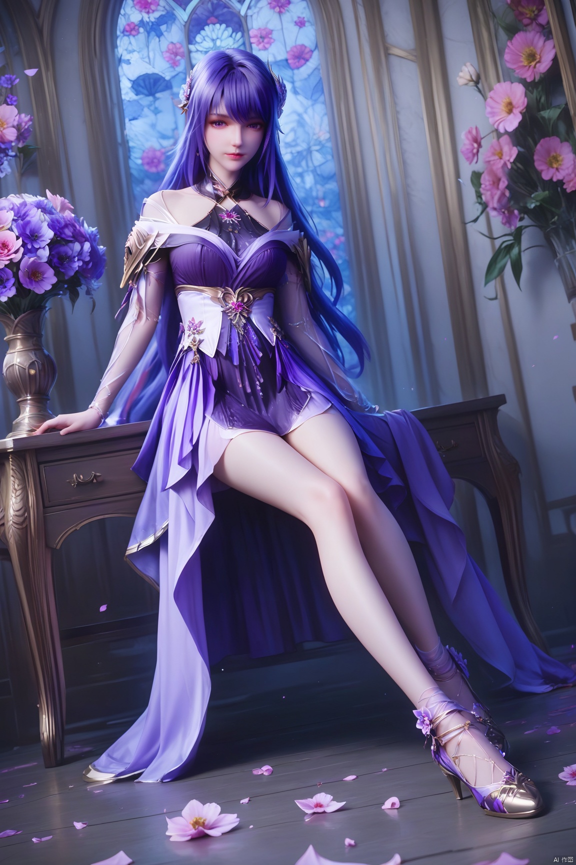 score_9_up,score_8_up,score_7_up,(Masterpiece, Best Quality, Photorealistic, High Resolution, 8K Raw), 
1girl, solo, long hair, breasts, looking at viewer, bangs, hair ornament, dress, bare shoulders, sitting, closed mouth, purple eyes, full body, purple hair, flower, alternate costume, indoors, hair flower, high heels, legs, petals, bare legs, window, purple dress, purple flower, falling petals, vase, raiden shogun