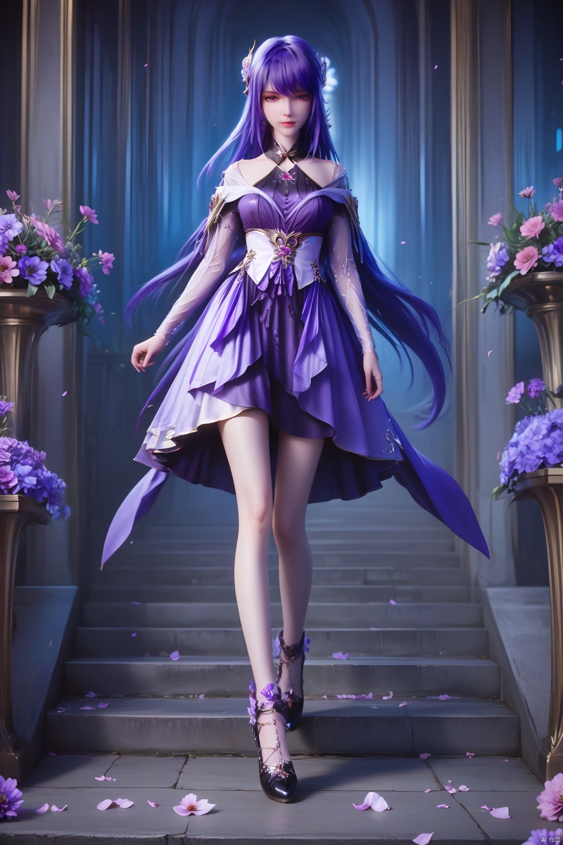 score_9_up,score_8_up,score_7_up,(Masterpiece, Best Quality, Photorealistic, High Resolution, 8K Raw), 
1girl, solo, long hair, breasts, looking at viewer, bangs, hair ornament, dress, standing, purple eyes, full body, purple hair, flower, alternate costume, black footwear, high heels, petals, bare legs, purple dress, stairs, purple flower, raiden shogun