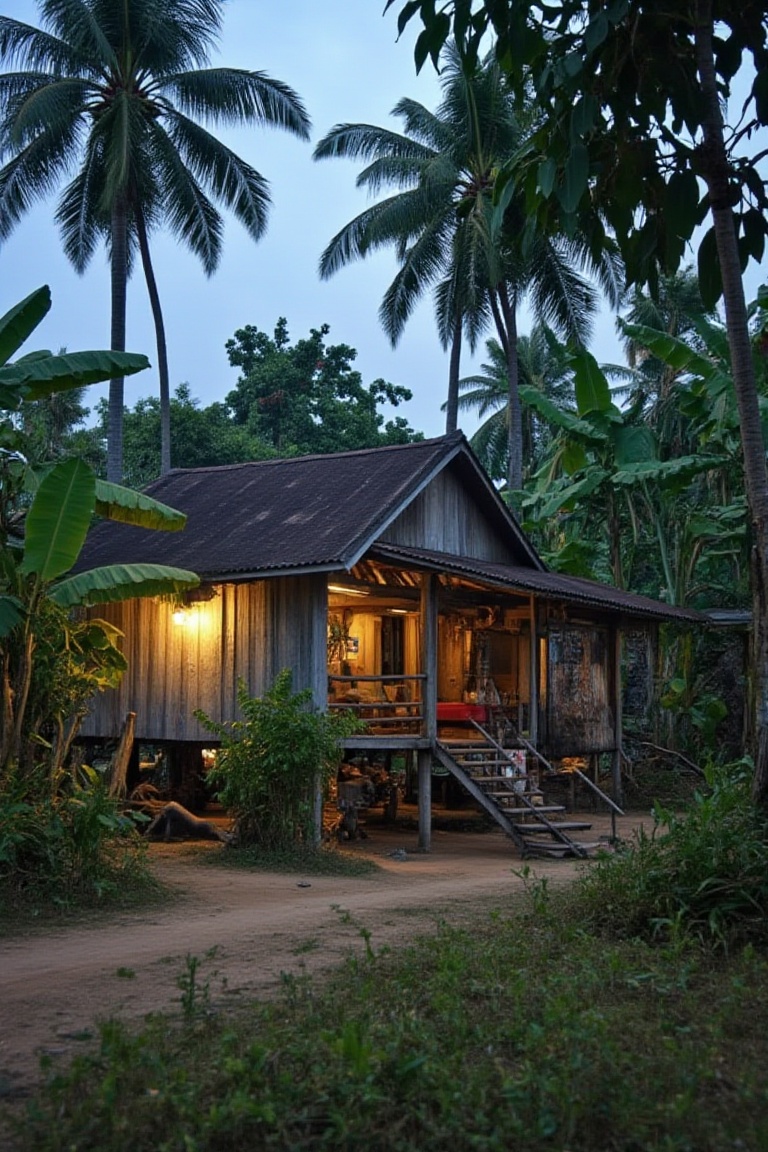 cinematic, film, grain, nightscape, award winning documentary photography of a malay village house, rusty rooftop, worn wooden plank, a coconut tree, a banana tree, paddy field, small pathway, small boat, small hut, a small ditch, a few bush, a rusty old model bicycle, nostalgia, dramatic, memorable scene in view, use Hasselblad photography, UHD, Ultra realistic, 32K, DOP, use technique rule of thirds, golden ratio, super resolution, ultra super definition, ultra detail.,Panorama Landscape