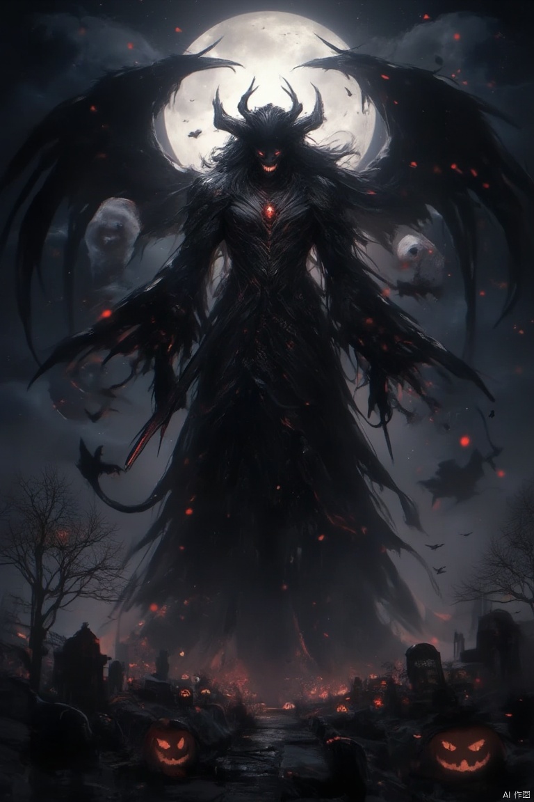 Giant God Fear,
Solo, red eyes, tail, wings, horns, sky, teeth, no humans, night, glow, moon, glow eyes, full moon, monster,
solo, long hair, black hair, 1boy, weapon, male focus, sword,evil person,Halloween Street,sky, tree, no humans, night, moon, star \(sky\), night sky, scenery, full moon, halloween, starry sky, ghost, jack-o'-lantern, pumpkin, bat \(animal\), bare tree, tombstone, graveyard