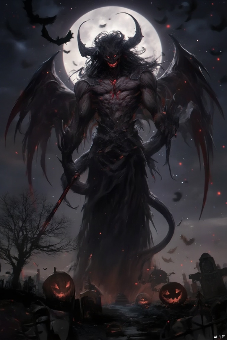 Giant God Fear,
Solo, red eyes, tail, wings, horns, sky, teeth, no humans, night, glow, moon, glow eyes, full moon, monster,
solo, long hair, black hair, 1boy, weapon, male focus, sword,evil person,Halloween Street,sky, tree, no humans, night, moon, star \(sky\), night sky, scenery, full moon, halloween, starry sky, ghost, jack-o'-lantern, pumpkin, bat \(animal\), bare tree, tombstone, graveyard